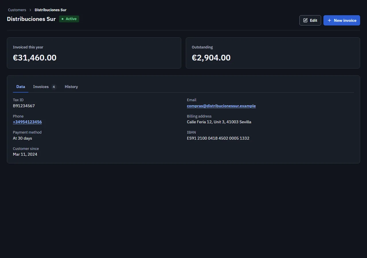 Screenshot of the "Customer record" block in the dark theme