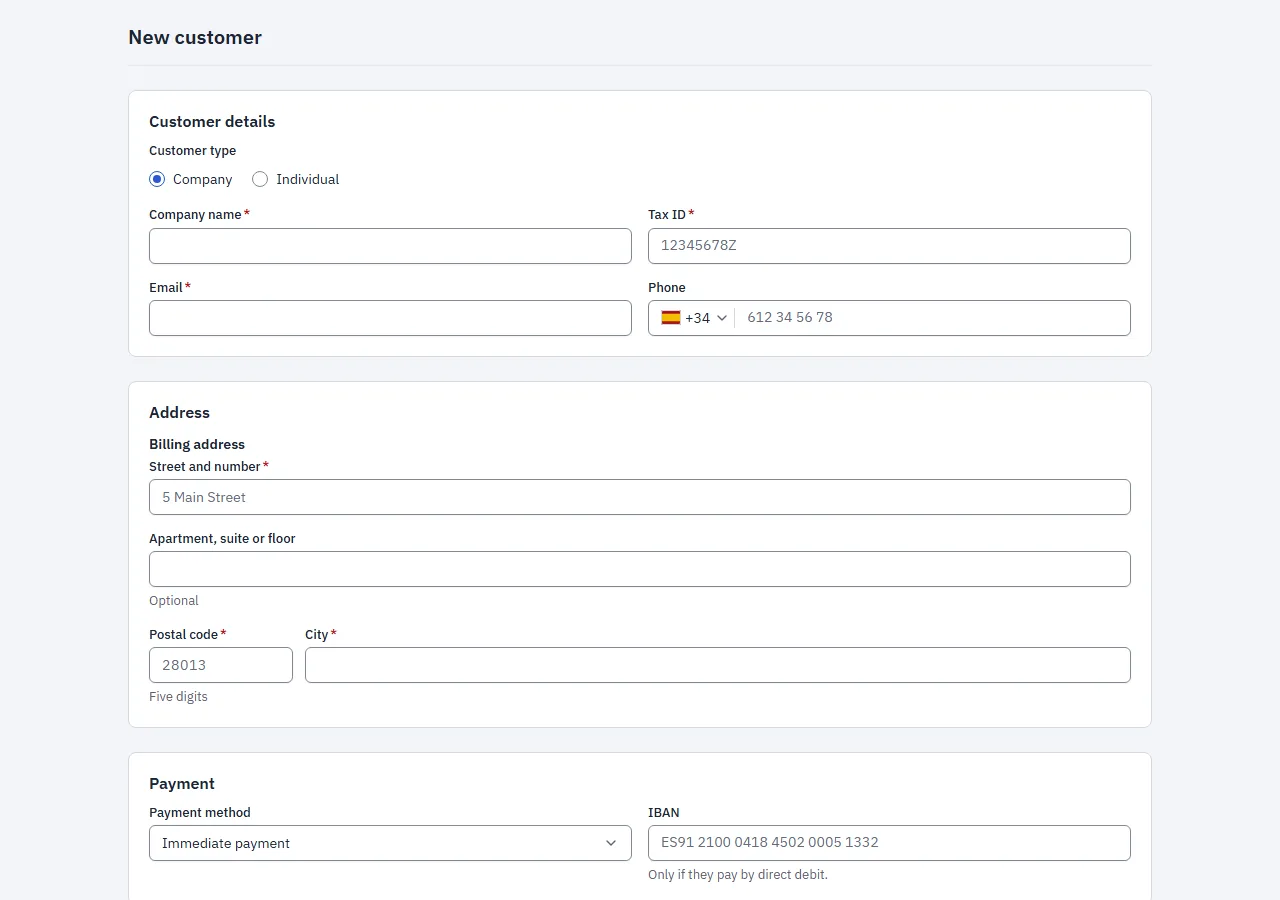 Screenshot of the "New customer" block in the light theme