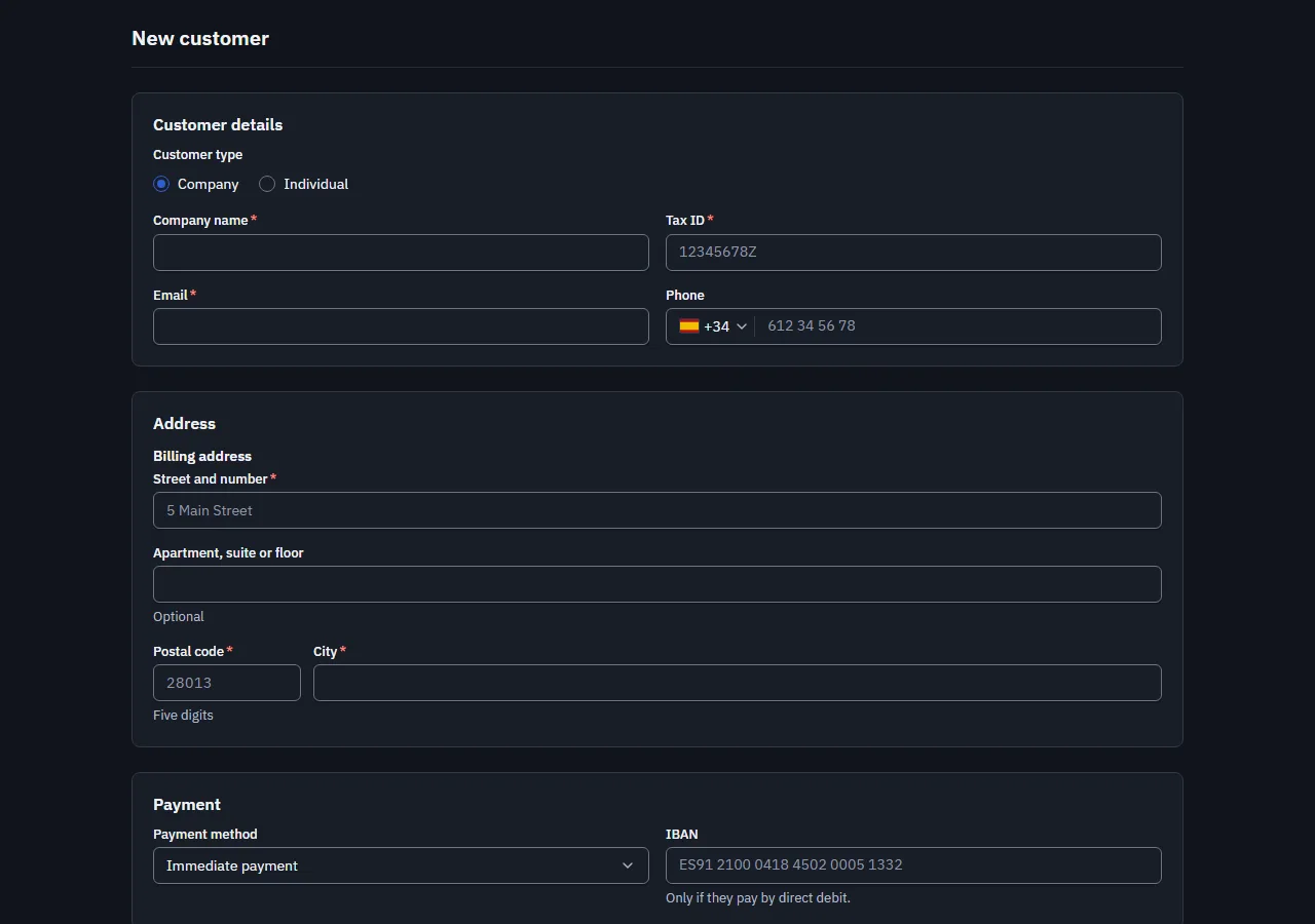 Screenshot of the "New customer" block in the dark theme