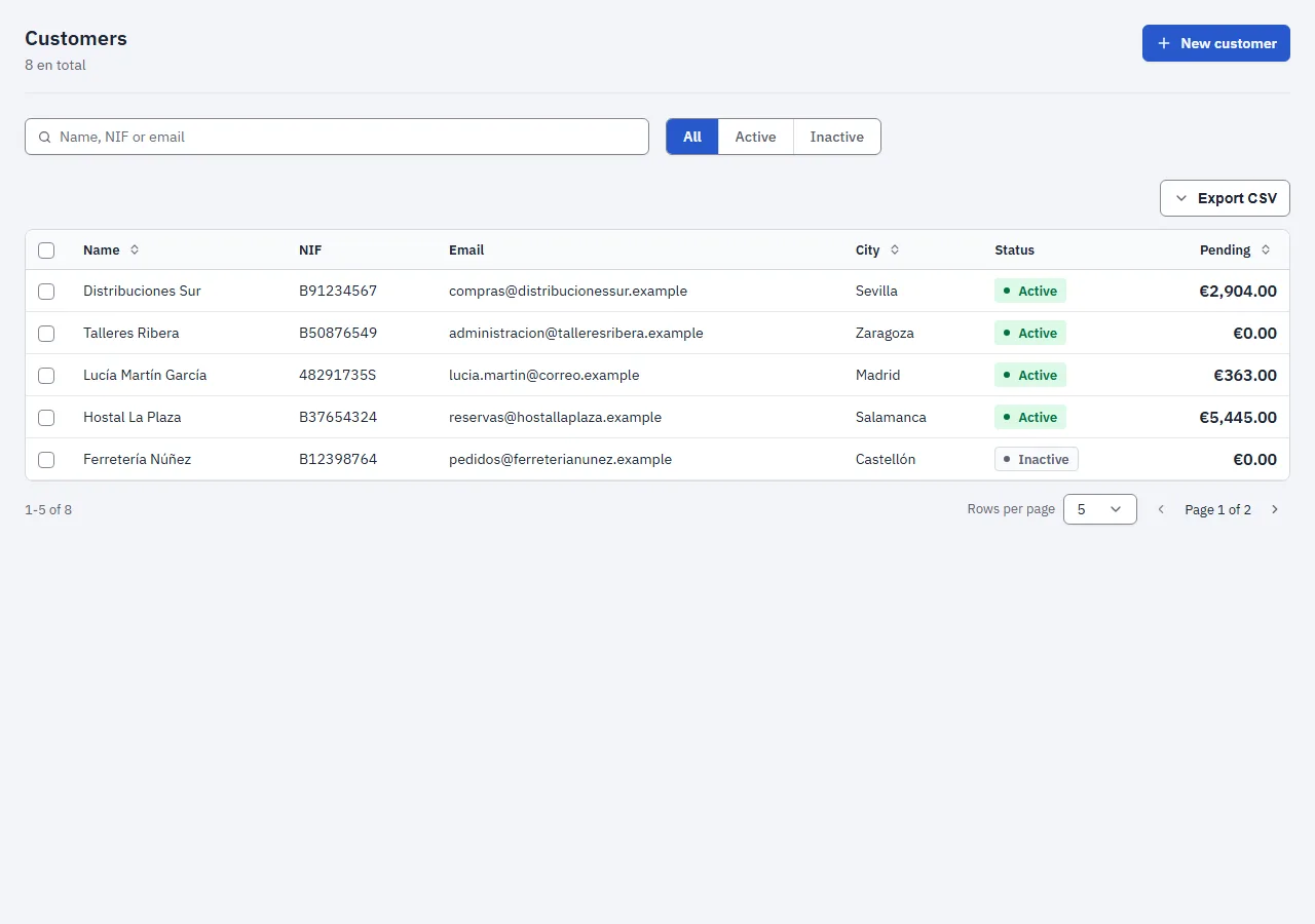 Screenshot of the "Customer list" block in the light theme