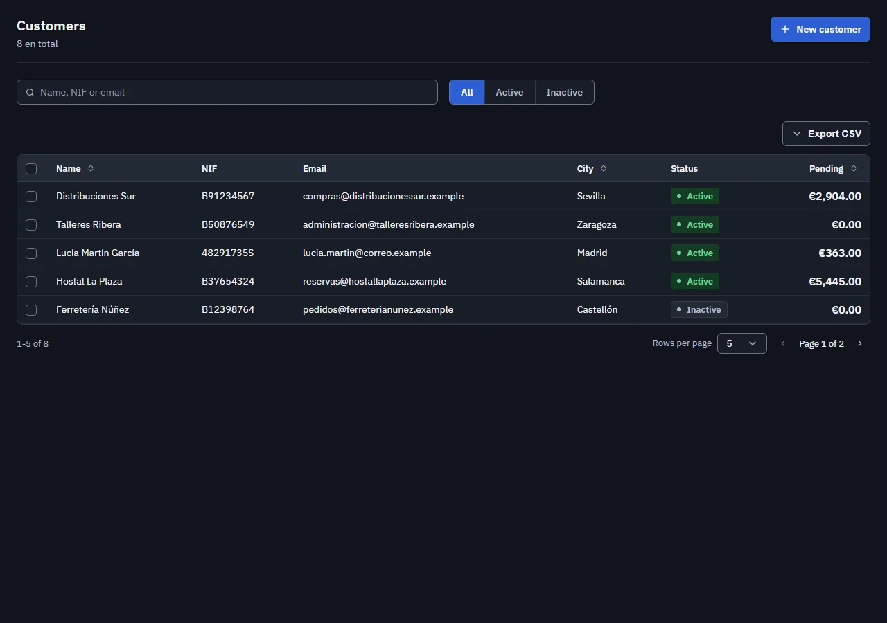 Screenshot of the "Customer list" block in the dark theme