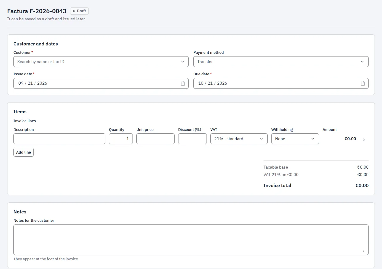 Screenshot of the "Invoice issuing" block in the light theme