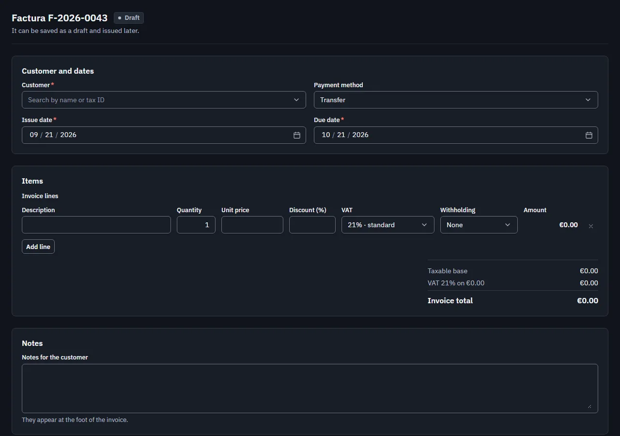 Screenshot of the "Invoice issuing" block in the dark theme