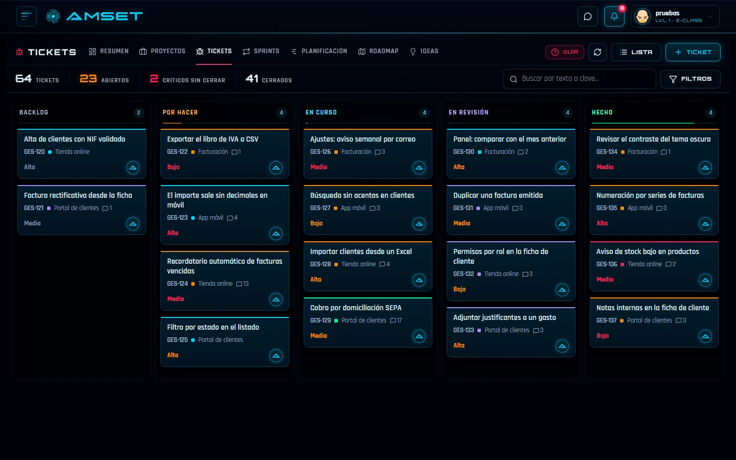 Tablero de tickets de Empresa con cinco columnas (backlog, por hacer, en curso, en revisión y hecho), cada una con tarjetas de tareas, y arriba el recuento de tickets, abiertos, críticos y cerrados.