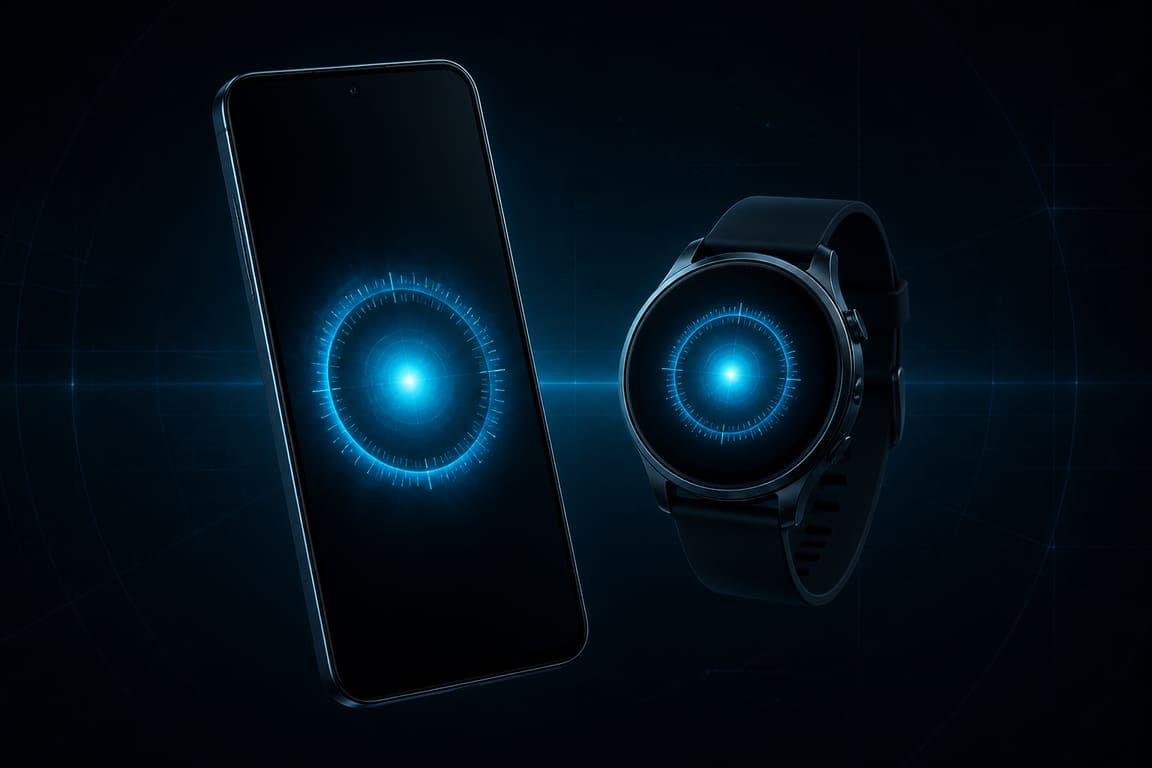 Un móvil y un reloj inteligente mostrando el dial luminoso de AMSET en sus pantallas