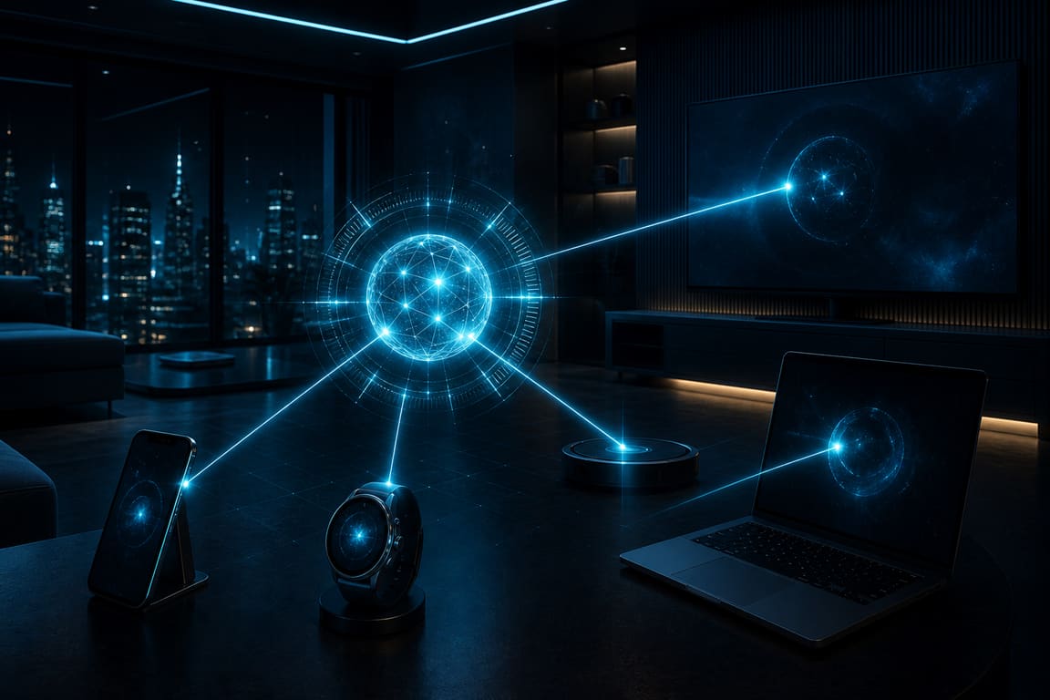 Illustration: an AI core connected to a phone, a watch, a laptop, a TV and a robot vacuum in a home