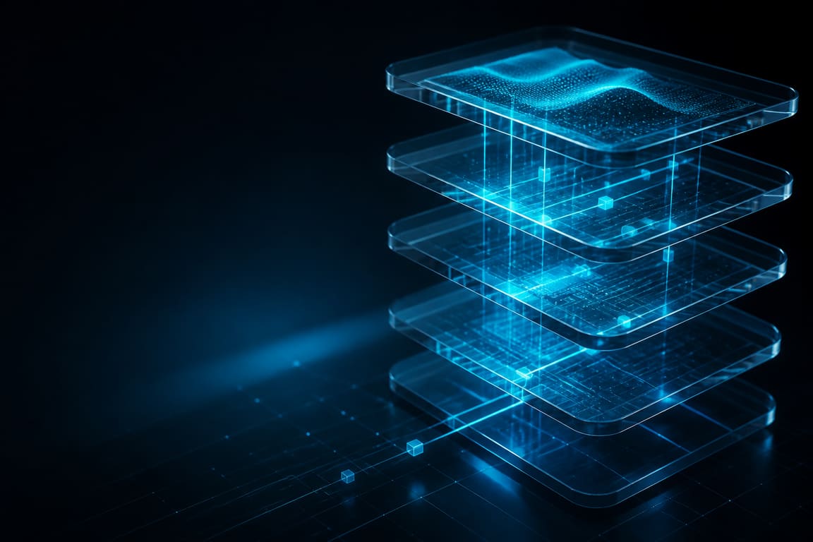Illustration: translucent software layers stacked with glowing circuits between them